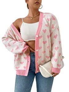MakeMeChic Women's Plus Size Heart Print Long Sleeve Drop Shoulder Button Front Cute Cardigan Sweater Coat Pink White 2XL