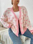 MakeMeChic Women's Plus Size Heart Print Long Sleeve Drop Shoulder Button Front Cute Cardigan Sweater Coat Pink White 2XL