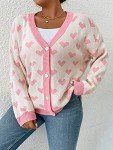 MakeMeChic Women's Plus Size Heart Print Long Sleeve Drop Shoulder Button Front Cute Cardigan Sweater Coat Pink White 2XL