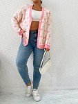 MakeMeChic Women's Plus Size Heart Print Long Sleeve Drop Shoulder Button Front Cute Cardigan Sweater Coat Pink White 2XL