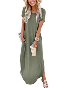 ANRABESS Women's Summer Casual Loose Short Sleeve Long T Shirt Dress Split Maxi Beach Sundress Travel Vacation Outfits Olive Large