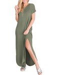 ANRABESS Women's Summer Casual Loose Short Sleeve Long T Shirt Dress Split Maxi Beach Sundress Travel Vacation Outfits Olive Large
