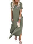 ANRABESS Women's Summer Casual Loose Short Sleeve Long T Shirt Dress Split Maxi Beach Sundress Travel Vacation Outfits Olive Large