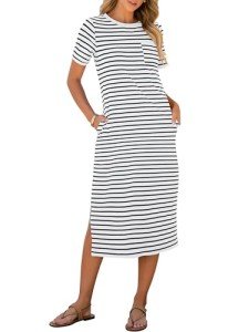 ANRABESS Womens Summer Casual Midi Dress Short Sleeve Crewneck T Shirt Long Dresses Split Stripe Beach Vacation Travel Outfit Large