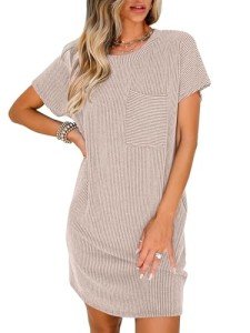ANRABESS Womens Casual Summer Ribbed Knit Tunic Tshirt Mini Dresses 2025 Trendy Crewneck Short Sleeve Beach Loose Shift Dress Khaki Medium