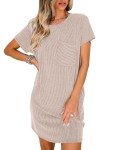 ANRABESS Womens Casual Summer Ribbed Knit Tunic Tshirt Mini Dresses 2025 Trendy Crewneck Short Sleeve Beach Loose Shift Dress Khaki Medium