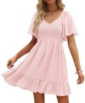 LILLUSORY Women's Flowy Casual Mini Dresses 2025 Summer Graduation Smocked V Neck Vacation Dress Dress with Pockets LightPink M