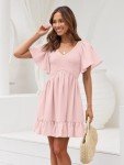 LILLUSORY Women's Flowy Casual Mini Dresses 2025 Summer Graduation Smocked V Neck Vacation Dress Dress with Pockets LightPink M