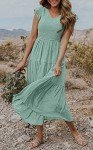 MEROKEETY Women's Summer Casual Ruffle Midi Dress V Neck Smocked Flowy Long Sun Dress, Sage, XL