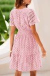 PRETTYGARDEN Womens 2025 Summer Short Dress V Neck Short Sleeve A Line Hollow Out Lace Ruffle Cute Casual Beach Party Dresses (Pink,Large)