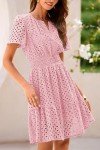 PRETTYGARDEN Womens 2025 Summer Short Dress V Neck Short Sleeve A Line Hollow Out Lace Ruffle Cute Casual Beach Party Dresses (Pink,Large)
