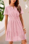 PRETTYGARDEN Womens 2025 Summer Short Dress V Neck Short Sleeve A Line Hollow Out Lace Ruffle Cute Casual Beach Party Dresses (Pink,Large)