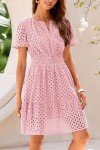 PRETTYGARDEN Womens 2025 Summer Short Dress V Neck Short Sleeve A Line Hollow Out Lace Ruffle Cute Casual Beach Party Dresses (Pink,Large)
