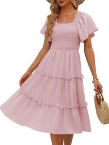LILLUSORY Spring Midi Graduation Bridal Baby Shower Dresses Women 2024 Summer Casual Flowy Bridal Sun Sundress Trendy Brunch Cute Ladies Vacation Smocked Teacher Clothes Outfits Pink