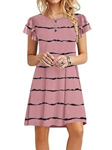 DB MOON Women 2025 Mini Dresses Summer Casual Ruffle Short Sleeve Cute Crew Neck Flowy Dress Pockets XL, Stripes Red Bean Paste