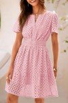 PRETTYGARDEN Womens 2025 Summer Short Dress V Neck Short Sleeve A Line Hollow Out Lace Ruffle Cute Casual Beach Party Dresses (Pink,Large)