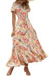 PRETTYGARDEN Women's Summer Wrap Maxi Dress Casual Boho Floral V Neck Short Sleeve Ruffle Hem Split Beach Long Dresses (White Floral,Large)