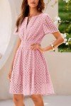 PRETTYGARDEN Womens 2025 Summer Short Dress V Neck Short Sleeve A Line Hollow Out Lace Ruffle Cute Casual Beach Party Dresses (Pink,Large)
