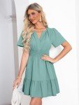 Simplee Women's Casual Short Sleeve Mini Dress Summer Beach Cotton Linen Sun Dress V Neck Pastel Wedding Guest Dress (Sage Green M)