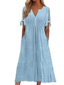 ZOCANIA Maxi Dress for Women Summer Button V Neck Tie Knot Swing Midi Dresses with Pockets Eyelet Pastel Dress Spring Trendy Casual Dress Short Sleeve Beach Dress Blue M