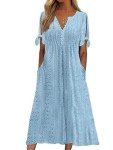 ZOCANIA Maxi Dress for Women Summer Button V Neck Tie Knot Swing Midi Dresses with Pockets Eyelet Pastel Dress Spring Trendy Casual Dress Short Sleeve Beach Dress Blue M