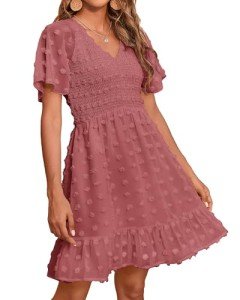 BTFBM Womens V Neck Casual Vacation Dress Short Sleeve Smocked Swiss Dot Swing Ruffle Mini Beach Summer Dresses 2025(Swiss Dot Bean Paste Red, Medium)