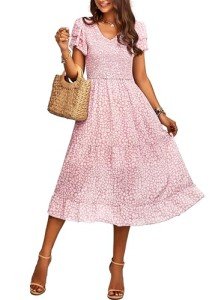 BTFBM Women Casual Summer Short Ruffles Tiered Sleeve Smocked Midi Dresses Bohemian Floral V Neck Wedding Guest Long Dresses