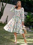 Amegoya Women's Boho Flowy Long Sleeve Spring Dress Smocked Square Neck Tiered Midi Dress(A-Floral M)