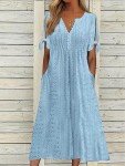 ZOCANIA Maxi Dress for Women Summer Button V Neck Tie Knot Swing Midi Dresses with Pockets Eyelet Pastel Dress Spring Trendy Casual Dress Short Sleeve Beach Dress Blue M