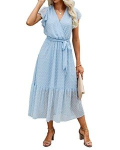 BTFBM Women Summer Bohemian Floral Casual Wrap V Neck Ruffle Cap Sleeveless Belt A-Line Pleated Hem Swing Midi Sun Dress (Swiss Dot Light Blue, m)