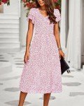 BTFBM Women Casual Summer Short Ruffles Tiered Sleeve Smocked Midi Dresses Bohemian Floral V Neck Wedding Guest Long Dresses