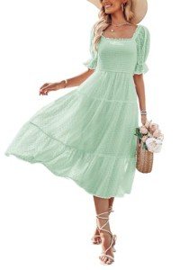 MEROKEETY Women's 2025 Chiffon Swiss Dot Summer Dress Short Lantern Sleeve Swing Midi Dress, Mint, L