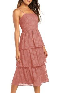 Ferlema Womens Casual Sleeveless Midi Dress Boho Lace Floral Square Neck Ruffle Tiered Wedding Guest Dresses Bean Paste X-Large