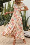 PRETTYGARDEN Women's Summer Wrap Maxi Dress Casual Boho Floral V Neck Short Sleeve Ruffle Hem Split Beach Long Dresses (White Floral,Large)