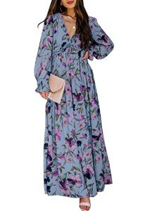 BLENCOT Women's Casual Boho Floral Printed Deep V Neck Loose Long Sleeve Long Evening Dress Ruched Cocktail Party Maxi Wedding Dress Blue Medium