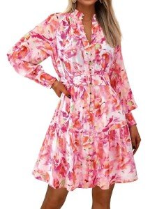MASCOMODA Fall Dresses for Women 2024 Elegant Long Sleeve Button Short Floral Dress Chiffon A-Line Tie Waist Flowy Mini Dress(Rose Pink Floral,Medium)