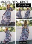 BLENCOT Women's Casual Boho Floral Printed Deep V Neck Loose Long Sleeve Long Evening Dress Ruched Cocktail Party Maxi Wedding Dress Blue Medium