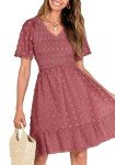 BTFBM Womens V Neck Casual Vacation Dress Short Sleeve Smocked Swiss Dot Swing Ruffle Mini Beach Summer Dresses 2025(Swiss Dot Bean Paste Red, Medium)