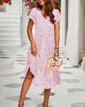 BTFBM Women Casual Summer Short Ruffles Tiered Sleeve Smocked Midi Dresses Bohemian Floral V Neck Wedding Guest Long Dresses