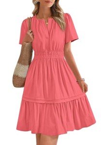 BTFBM Women's Casual V Neck Dresses 2025 Summer Spring Short Sleeve Sundress Smocked Waist A Line Tiered Mini Dress(Bean Paste Red, Large)