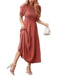 dowerme Womens Summer Dresses 2025 Casual Puff Short Sleeve Crewneck Smocked Flowy Ruffle Boho Beach Party Maxi Sundress(Bean Paste Pink,Medium)