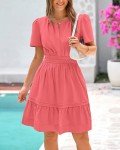 BTFBM Women's Casual V Neck Dresses 2025 Summer Spring Short Sleeve Sundress Smocked Waist A Line Tiered Mini Dress(Bean Paste Red, Large)
