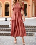 dowerme Womens Summer Dresses 2025 Casual Puff Short Sleeve Crewneck Smocked Flowy Ruffle Boho Beach Party Maxi Sundress(Bean Paste Pink,Medium)
