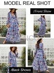 BLENCOT Women's Casual Boho Floral Printed Deep V Neck Loose Long Sleeve Long Evening Dress Ruched Cocktail Party Maxi Wedding Dress Blue Medium