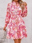 MASCOMODA Fall Dresses for Women 2024 Elegant Long Sleeve Button Short Floral Dress Chiffon A-Line Tie Waist Flowy Mini Dress(Rose Pink Floral,Medium)