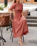 dowerme Womens Summer Dresses 2025 Casual Puff Short Sleeve Crewneck Smocked Flowy Ruffle Boho Beach Party Maxi Sundress(Bean Paste Pink,Medium)