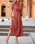 dowerme Womens Summer Dresses 2025 Casual Puff Short Sleeve Crewneck Smocked Flowy Ruffle Boho Beach Party Maxi Sundress(Bean Paste Pink,Medium)