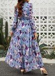 BLENCOT Women's Casual Boho Floral Printed Deep V Neck Loose Long Sleeve Long Evening Dress Ruched Cocktail Party Maxi Wedding Dress Blue Medium
