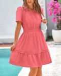 BTFBM Women's Casual V Neck Dresses 2025 Summer Spring Short Sleeve Sundress Smocked Waist A Line Tiered Mini Dress(Bean Paste Red, Large)