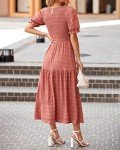 dowerme Womens Summer Dresses 2025 Casual Puff Short Sleeve Crewneck Smocked Flowy Ruffle Boho Beach Party Maxi Sundress(Bean Paste Pink,Medium)
